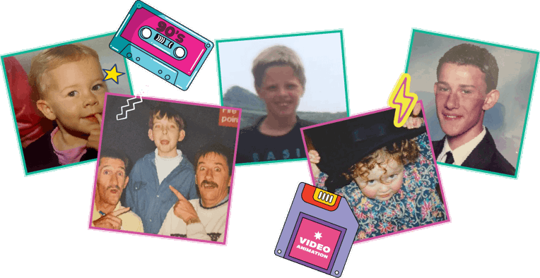 Collage of the First Media team's childhood photos from the 90s decorated with retro stickers and icons